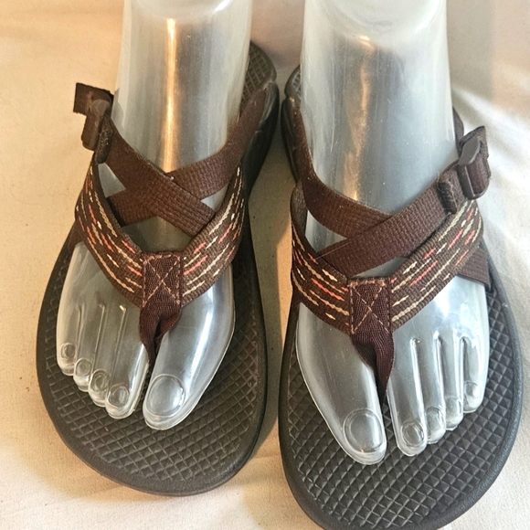 Chaco Sandals Wmn's Sz 6 Hipthong Sporty Strappy Slide Flats Brown& Pink Design - Picture 1 of 8